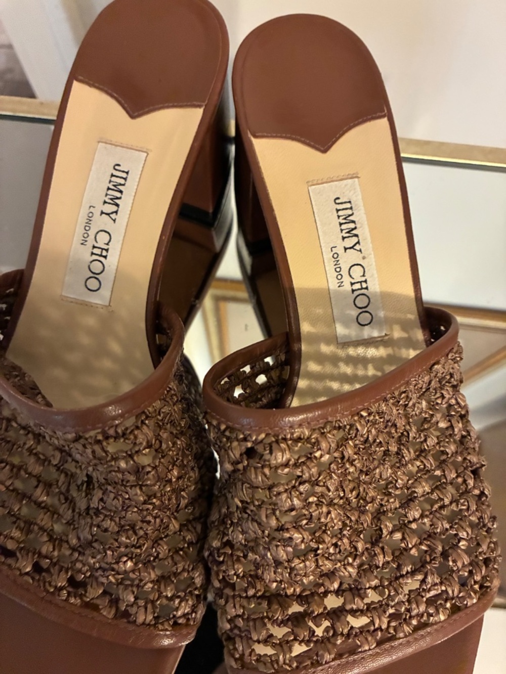 Jimmy Choo Themis Brown Woven 2 Inch Heels